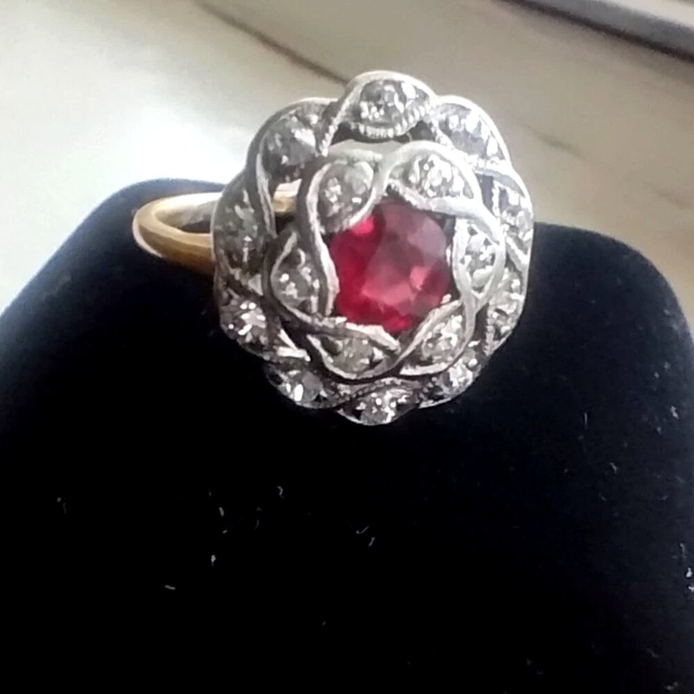 Antique Art Deco 14K Yellow & White Gold, Natural Diamond, Ruby Star Set Ring